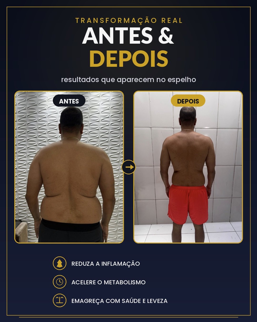 Antes e depois de participante do Desafio Destrava Peso: redução visível de medidas nas costas e cintura